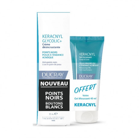 DUCRAY Keracnyl Glycolic+ Crème Déincrustante 30ml+Gel Moussant 40ml OFFERT